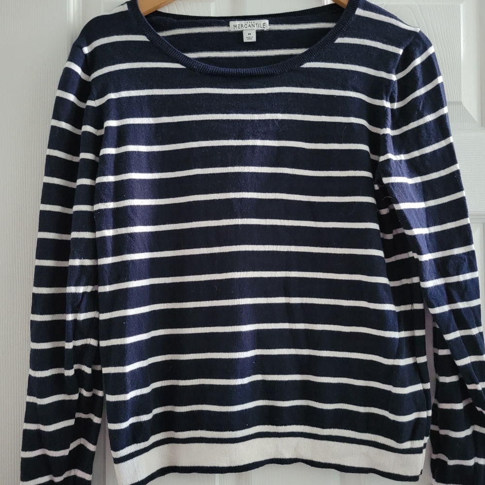 J. Crew Blue White Striped Cotton Sweater Womens Size Medium Preppy Nautical